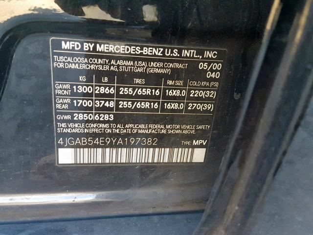 4JGAB54E9YA197382 - 2000 MERCEDES-BENZ ML 320 BLACK photo 10