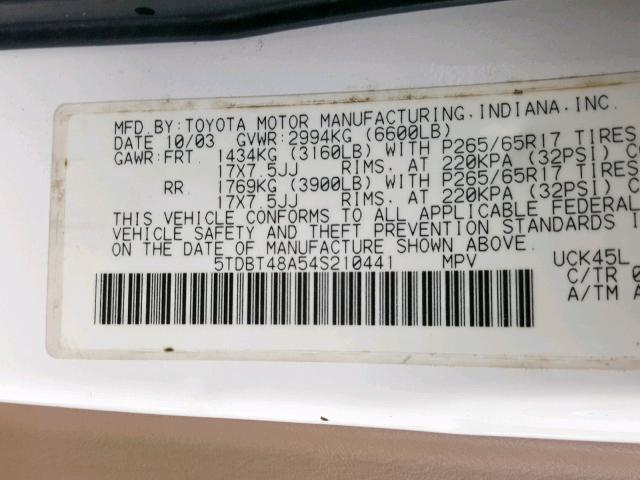 5TDBT48A54S210441 - 2004 TOYOTA SEQUOIA LI WHITE photo 10