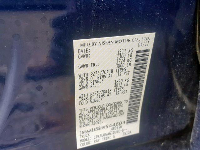 1N6AA1E58HN544804 - 2017 NISSAN TITAN SV BLUE photo 10