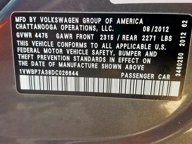 1VWBP7A38DC026644 - 2013 VOLKSWAGEN PASSAT SE GRAY photo 10