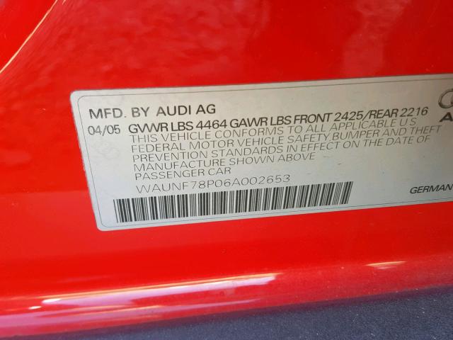 WAUNF78P06A002653 - 2006 AUDI A3 2.0 PRE RED photo 10