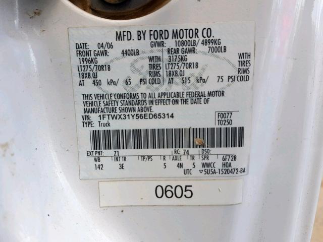 1FTWX31Y56ED65314 - 2006 FORD F350 SRW S WHITE photo 10