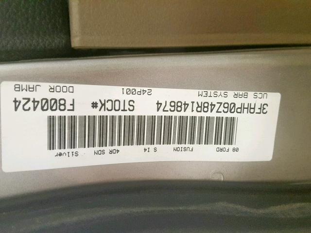 3FAHP06Z48R148674 - 2008 FORD FUSION S SILVER photo 10