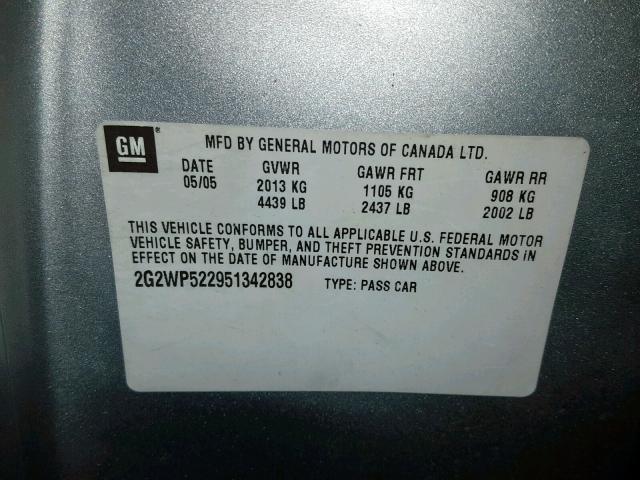 2G2WP522951342838 - 2005 PONTIAC GRAND PRIX SILVER photo 10