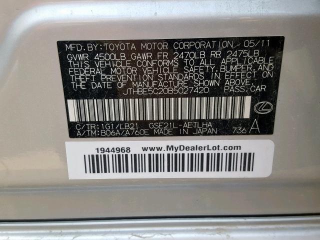 JTHBE5C20B5027420 - 2011 LEXUS IS 350 SILVER photo 10