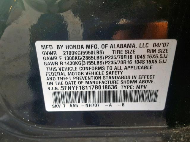 5FNYF18117B018636 - 2007 HONDA PILOT LX BLACK photo 10