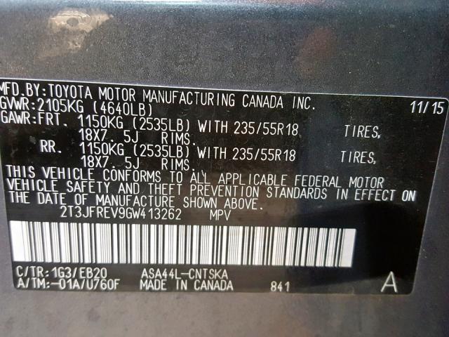 2T3JFREV9GW413262 - 2016 TOYOTA RAV4 SE CHARCOAL photo 10