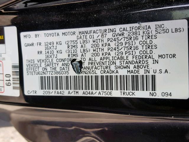 5TETU62N77Z386035 - 2007 TOYOTA TACOMA PRE BLACK photo 10