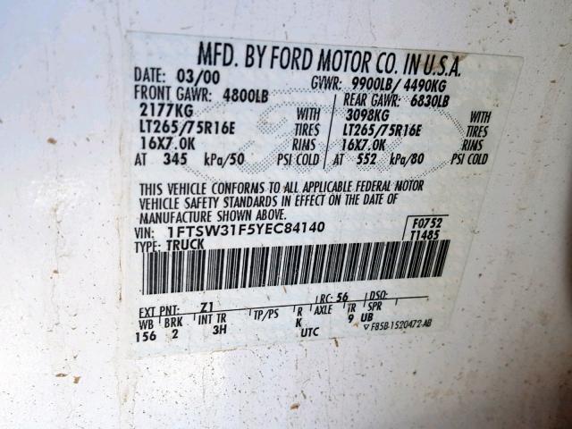 1FTSW31F5YEC84140 - 2000 FORD F350 SRW S WHITE photo 10