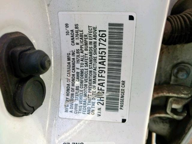 2HGFA1F91AH517261 - 2010 HONDA CIVIC EXL WHITE photo 10