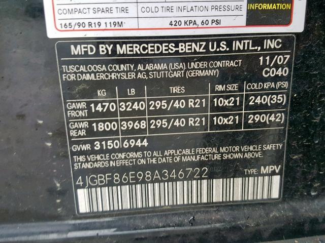 4JGBF86E98A346722 - 2008 MERCEDES-BENZ GL 550 4MA BLACK photo 10