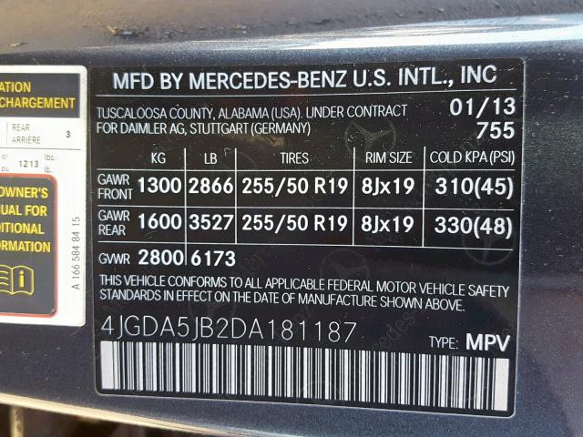 4JGDA5JB2DA181187 - 2013 MERCEDES-BENZ ML 350 CHARCOAL photo 10