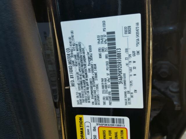 3FA6P0K92DR108813 - 2013 FORD FUSION TIT BLACK photo 10