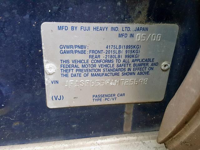 JF1SF65591H725698 - 2001 SUBARU FORESTER S BLUE photo 10