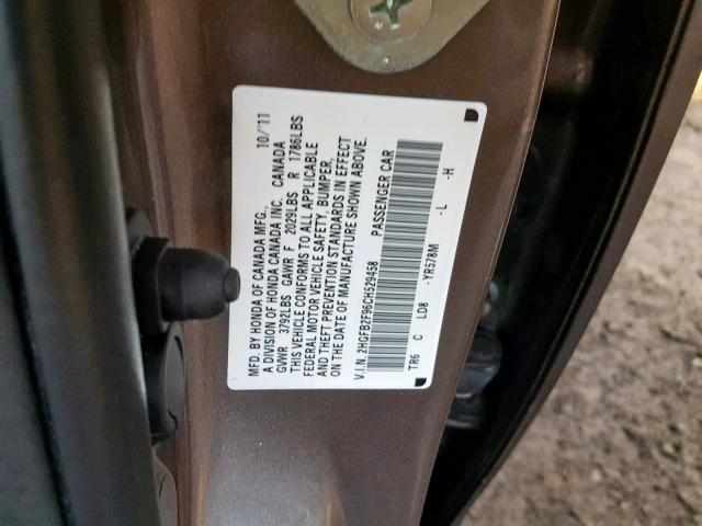 2HGFB2F96CH529458 - 2012 HONDA CIVIC EXL BROWN photo 10