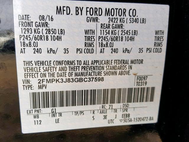 2FMPK3J83GBC37598 - 2016 FORD EDGE SEL BLACK photo 10