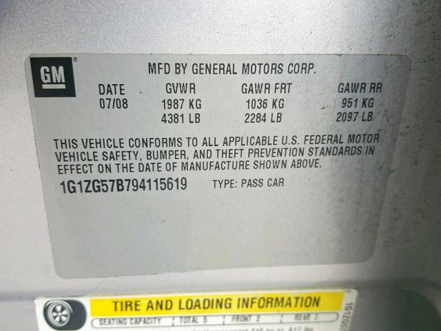 1G1ZG57B794115619 - 2009 CHEVROLET MALIBU LS Gümüş foto 10