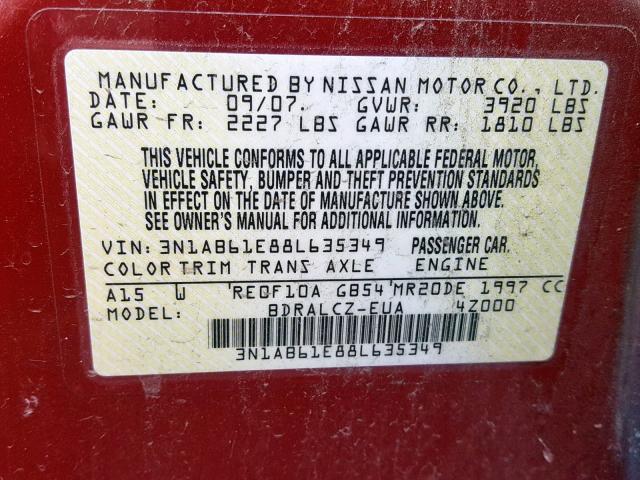 3N1AB61E88L635349 - 2008 NISSAN SENTRA 2.0 RED photo 10