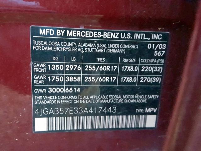 4JGAB57E33A417443 - 2003 MERCEDES-BENZ ML 350 BURGUNDY photo 10