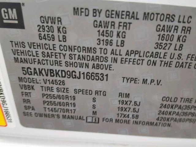 5GAKVBKD9GJ166531 - 2016 BUICK ENCLAVE WHITE photo 10