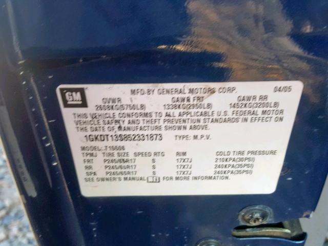 1GKDT13S852331873 - 2005 GMC ENVOY BLUE photo 10