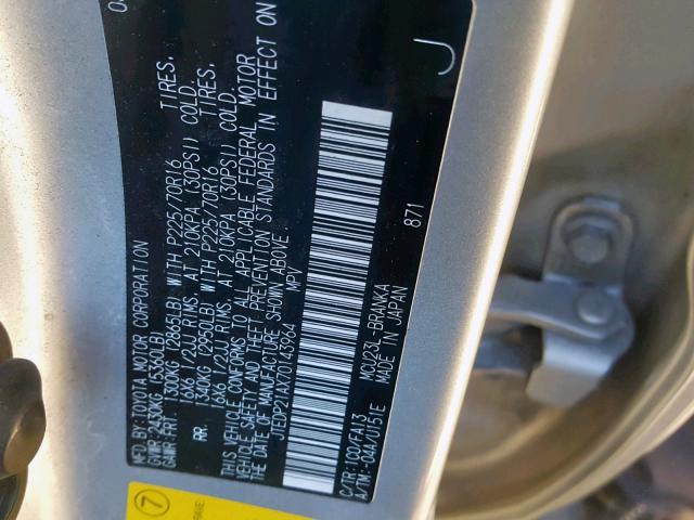 JTEDP21AX70143964 - 2007 TOYOTA HIGHLANDER SILVER photo 10