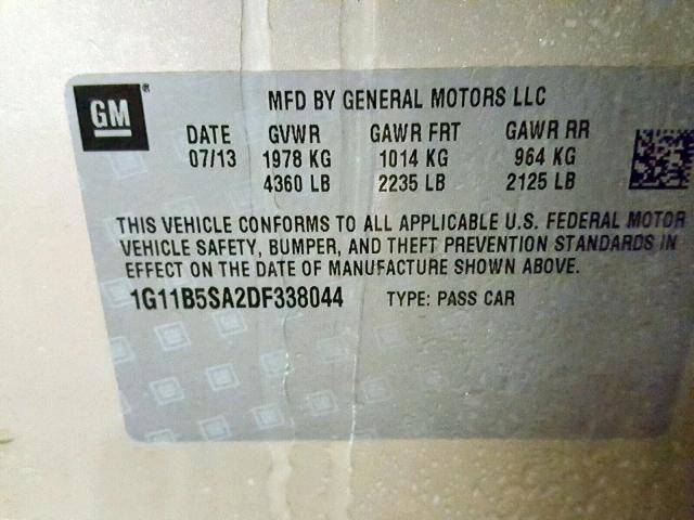 1G11B5SA2DF338044 - 2013 CHEVROLET MALIBU LS ოქროსფერი ფოტო 10