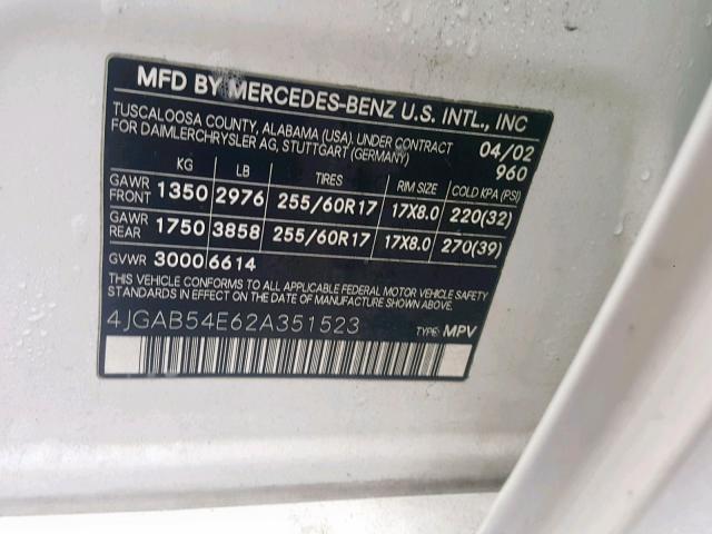 4JGAB54E62A351523 - 2002 MERCEDES-BENZ ML 320 WHITE photo 10