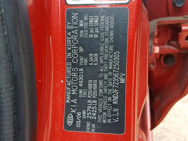 KNDJF723567250305 - 2006 KIA NEW SPORTA RED photo 10