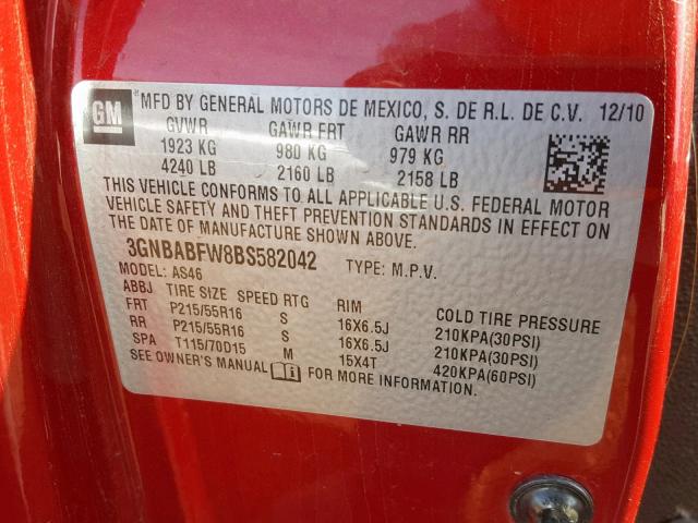 3GNBABFW8BS582042 - 2011 CHEVROLET HHR LT RED photo 10