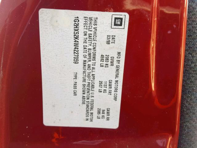 1G2HX52K4W4227059 - 1998 PONTIAC BONNEVILLE RED photo 10