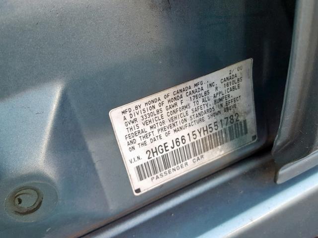 2HGEJ6615YH551782 - 2000 HONDA CIVIC BASE GREEN photo 10