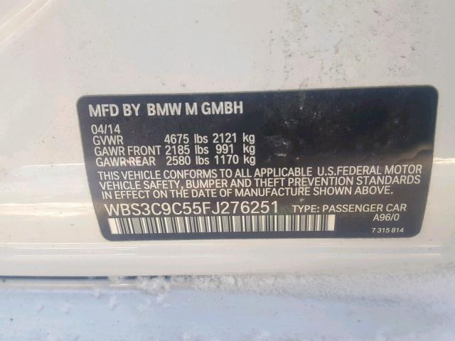 WBS3C9C55FJ276251 - 2015 BMW M3 WHITE photo 10