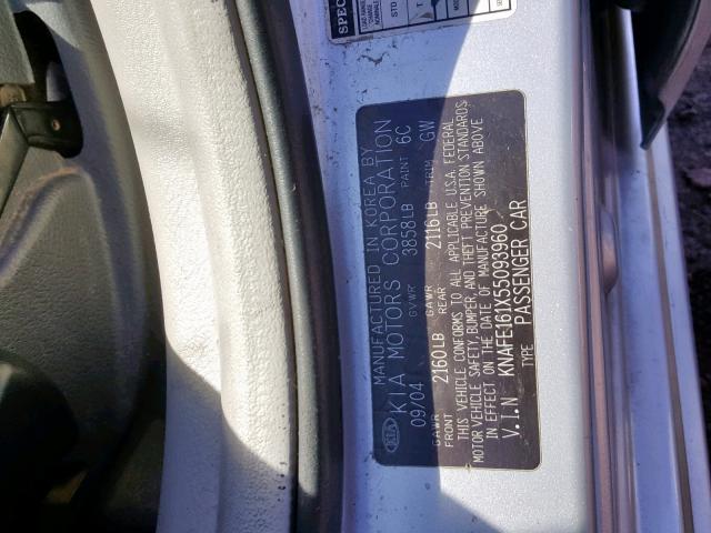 KNAFE161X55093960 - 2005 KIA SPECTRA5 SILVER photo 10