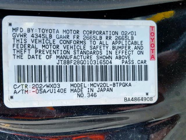 JT8BF28G010316504 - 2001 LEXUS ES 300 BLACK photo 10