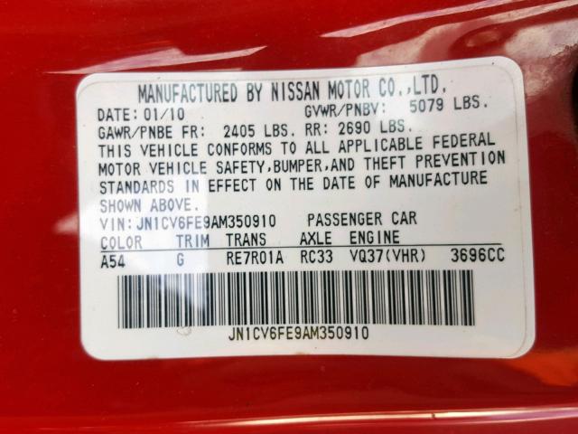 JN1CV6FE9AM350910 - 2010 INFINITI G37 BASE RED photo 10