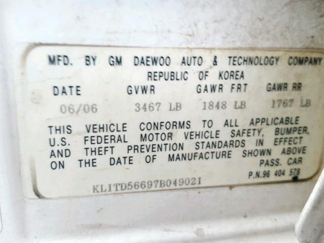 KL1TD56697B049021 - 2007 CHEVROLET AVEO BASE თეთრი ფოტო 10