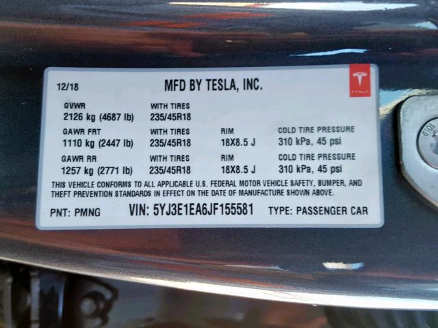 5YJ3E1EA6JF155581 - 2018 TESLA MODEL 3 GRAY photo 10