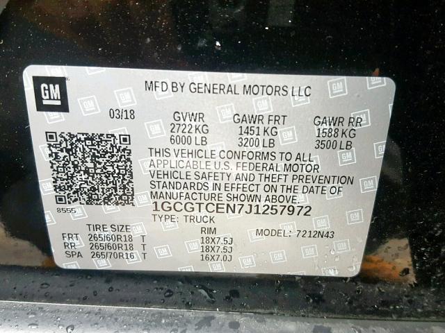 1GCGTCEN7J1257972 - 2018 CHEVROLET COLORADO L BLACK photo 10