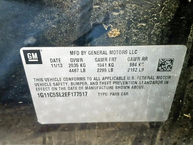 1G11C5SL2EF177517 - 2014 CHEVROLET MALIBU 1LT შავი ფოტო 10