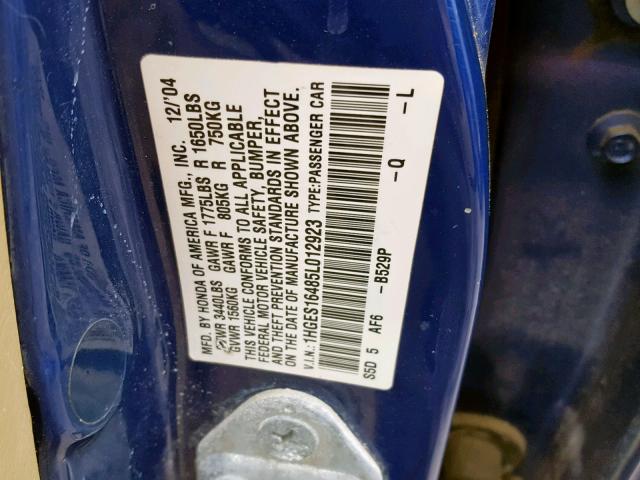 1HGES16485L012923 - 2005 HONDA CIVIC DX BLUE photo 10