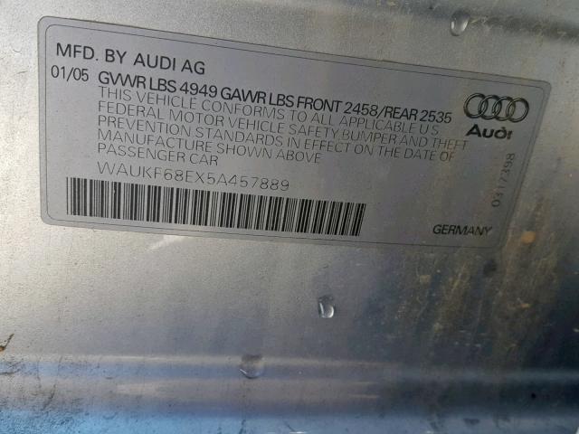 WAUKF68EX5A457889 - 2005 AUDI A4 2.0T AV SILVER photo 10