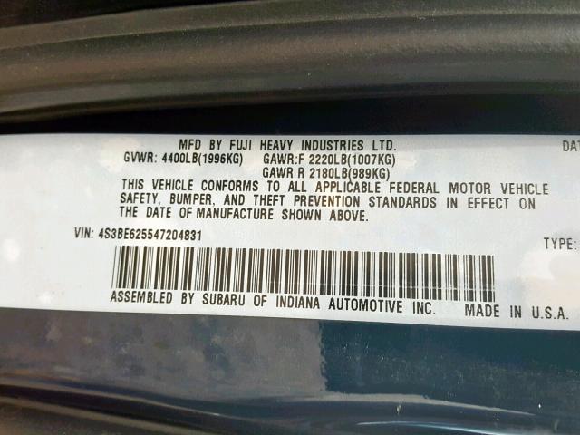 4S3BE625547204831 - 2004 SUBARU LEGACY L S BLUE photo 10