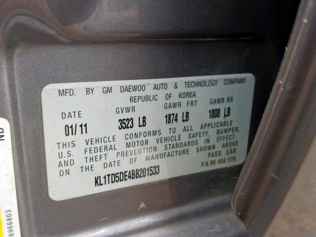 KL1TD5DE4BB201533 - 2011 CHEVROLET AVEO LS GRAY photo 10