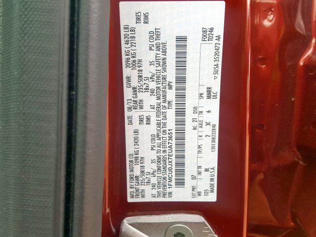 1FMCU0JX7EUA73651 - 2014 FORD ESCAPE TIT RED photo 10