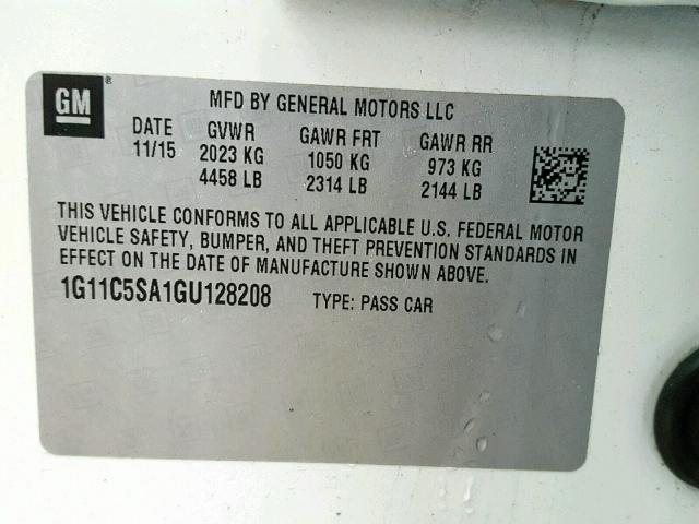 1G11C5SA1GU128208 - 2016 CHEVROLET MALIBU LIM 白色 照片 10