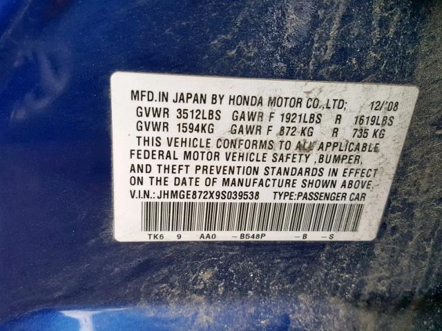 JHMGE872X9S039538 - 2009 HONDA FIT BLUE photo 10