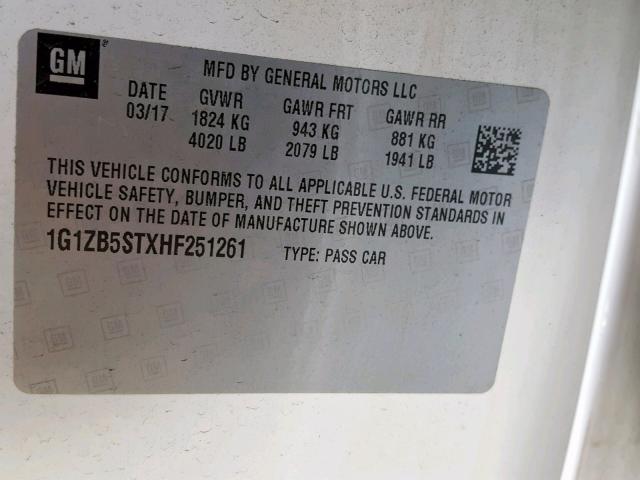 1G1ZB5STXHF251261 - 2017 CHEVROLET MALIBU LS WHITE photo 10