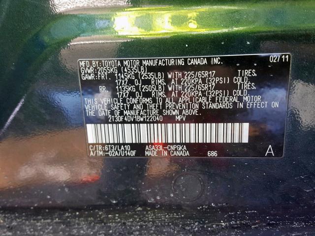 2T3DF4DV1BW122040 - 2011 TOYOTA RAV4 LIMIT GREEN photo 10