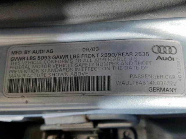 WAULT64B14N036272 - 2004 AUDI A6 3.0 QUA BLUE photo 10